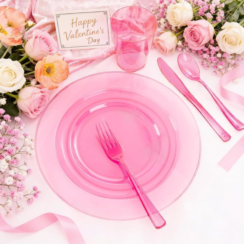 WDF 25 Guest Pink Plates with Pink Plastic Silverware&Pink Cups-Neon Clear Disposable Dinnerware include 50 Plates,25Forks, 25 Knives, 25 Spoons,25 Plastic Cups for Party and Baby Shower - Image 2